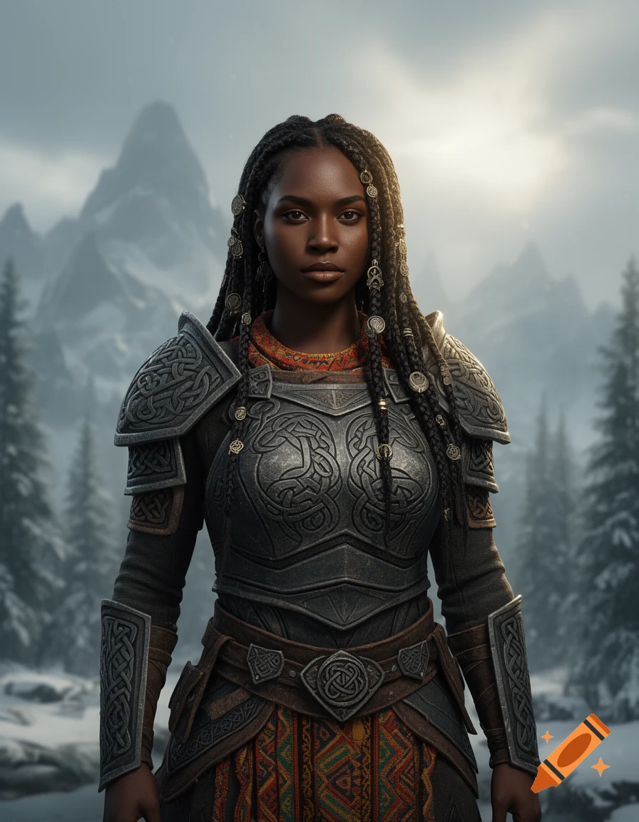 A dark-skinned woman with braided hair stands in ornate fantasy armor featuring Celtic knotwork, set against snowy mountains and pine trees.