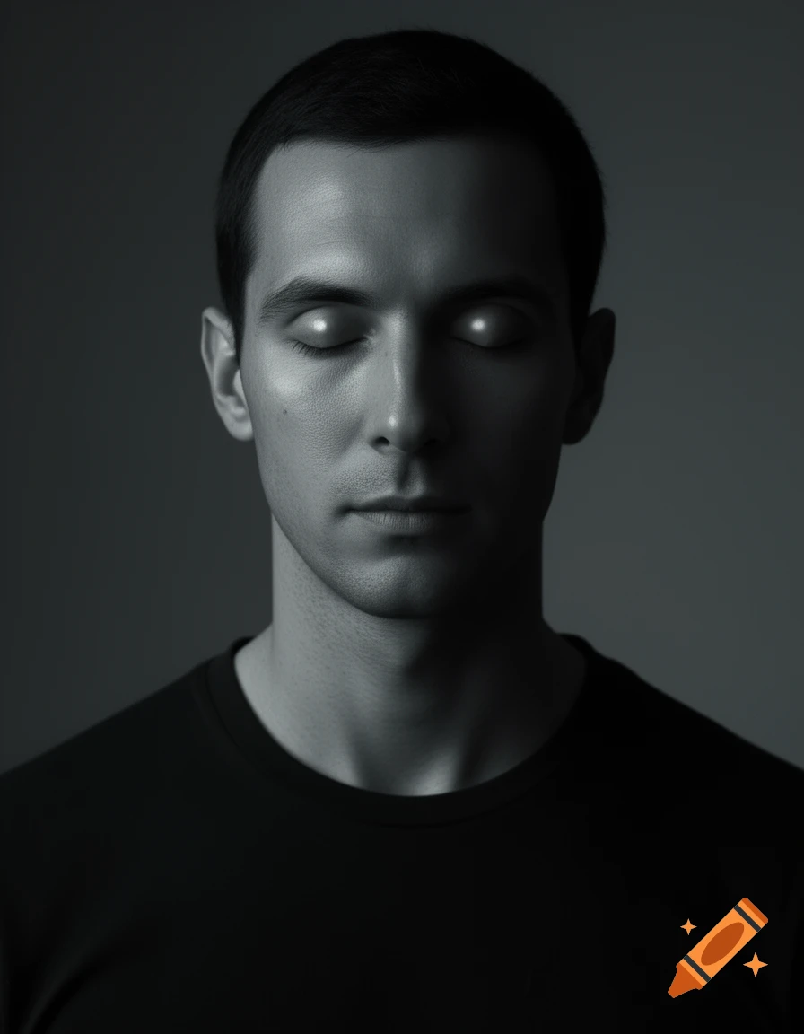 Close-up of a man with glowing white closed eyes, in a black and white portrait.