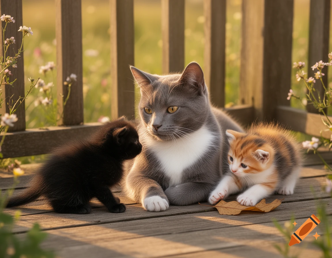 A mother cat and two kittens, one black and one calico, sit on a wooden deck in soft sunlight among green foliage.