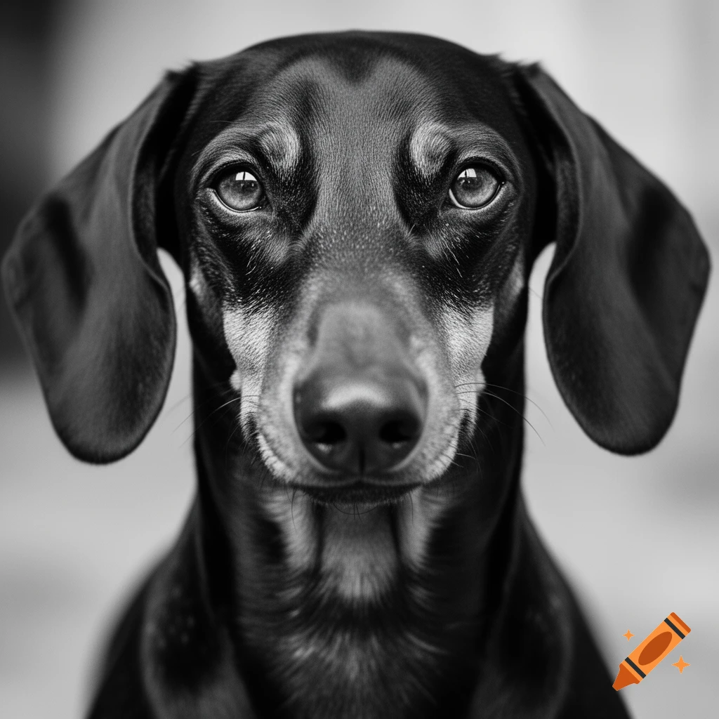 Black and white close-up portrait of a dachshund looking directly forward.