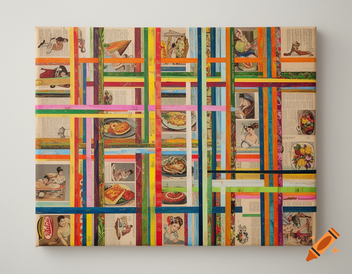 Colorful linear paper collage art on canvas featuring vintage magazine cutouts of people and food dishes, overlaid with bright colored strips.