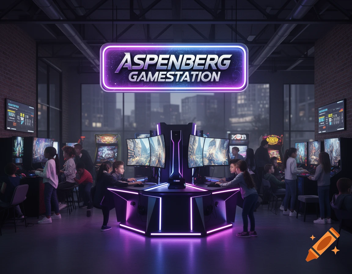 A modern, neon-lit gaming station with children and adults playing video games and arcade games.