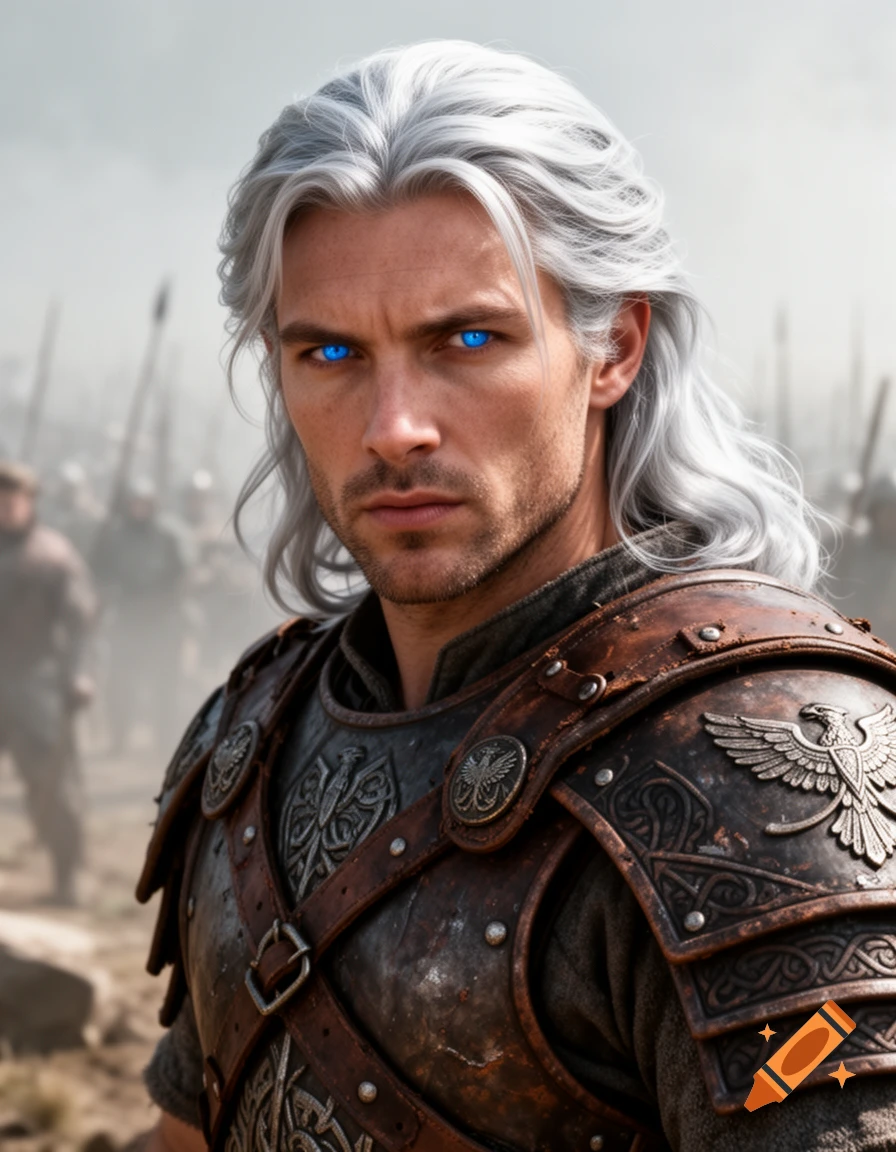 A close-up photorealistic portrait of a silver-haired male warrior with glowing blue eyes, wearing ornate leather and metal armor, with an army blurred in the background.