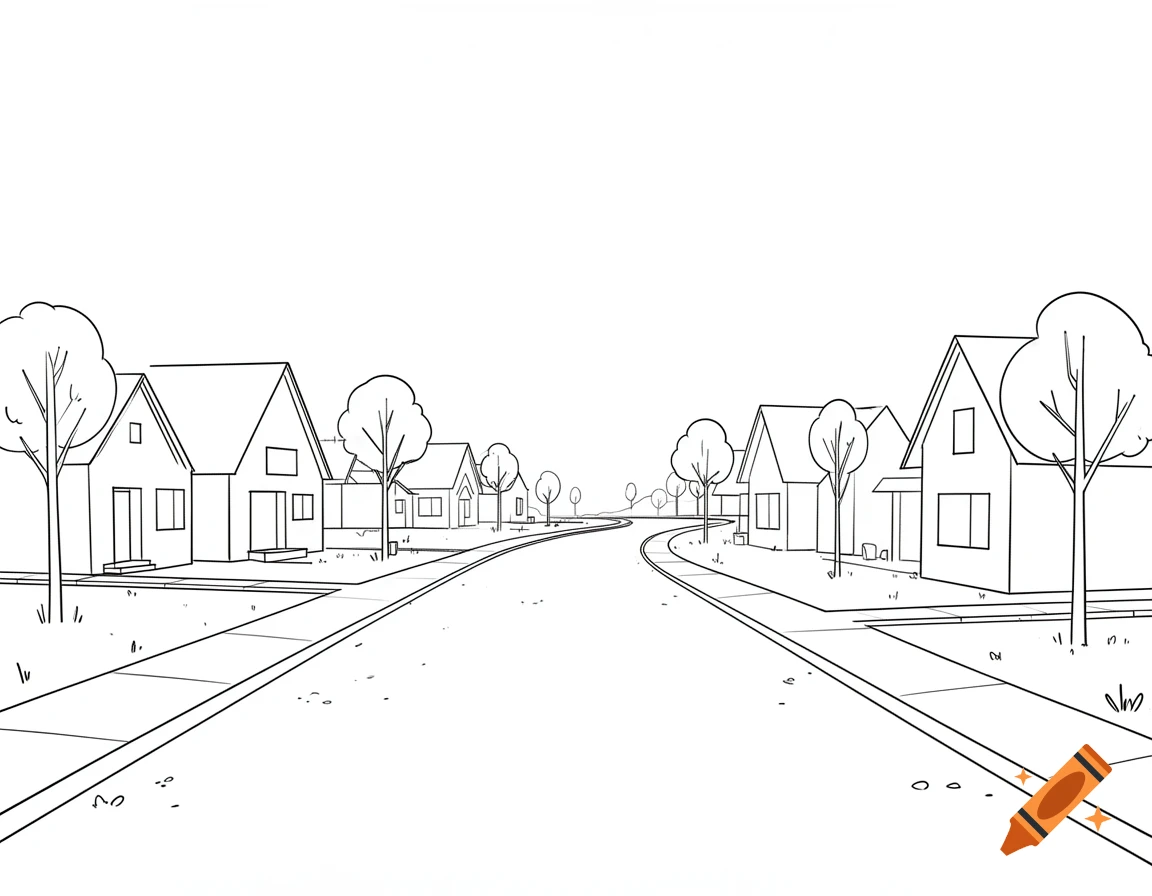 A very simple black and white cartoon line art drawing of a suburban street with houses and trees.