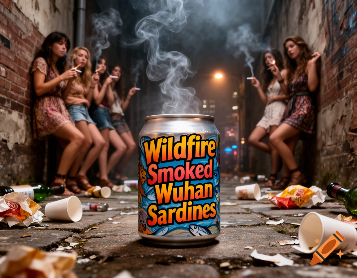 A can of 'Wildfire Smoked Wuhan Sardines' sits on a dirty alley ground amidst trash, with blurry women smoking cigarettes in the background.