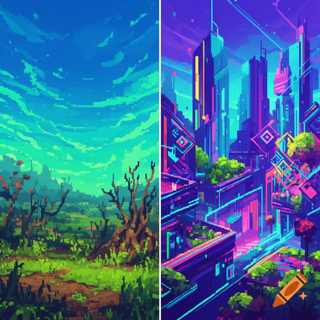 A pixel art split screen showing a vibrant green natural landscape on the left and a glowing neon futuristic city on the right.