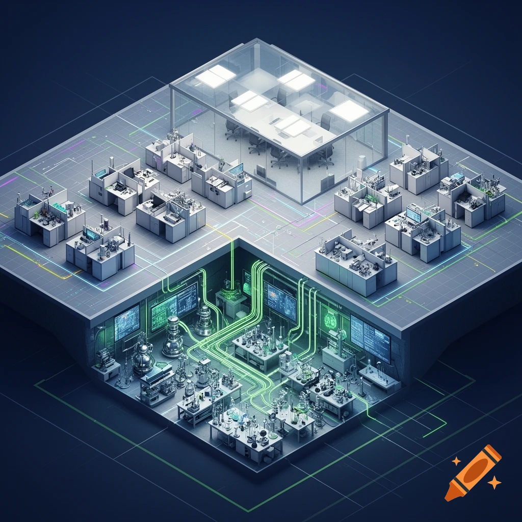 Isometric view of a modern biotechnology office building with cubicles, a glass conference room, and an underground lab with glowing green connections.