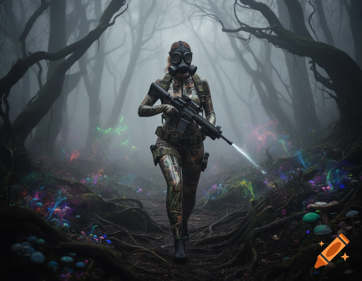 A woman in a gas mask and camouflage suit holds a rifle, walking through a misty, root-filled forest with colorful glowing fungi.