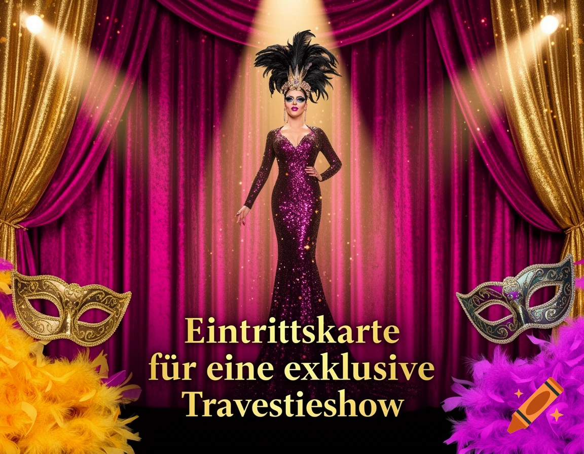 A drag queen in a sparkling purple gown on a stage with golden and pink curtains, spotlights, and decorative masks. Text says 'Ticket for an exclusive drag show'.