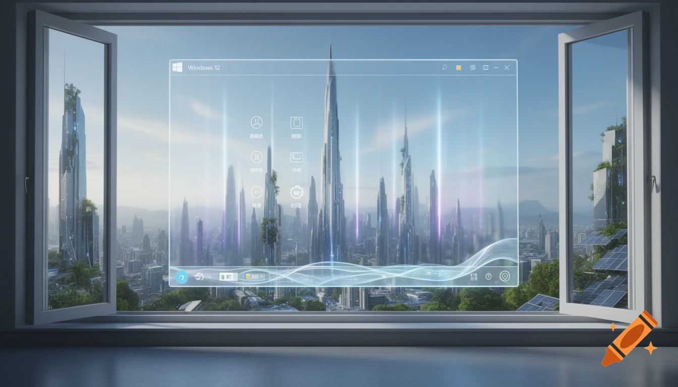 A futuristic city skyline with towering buildings and greenery, viewed through an open window with a transparent 'Windows 12' operating system overlay.
