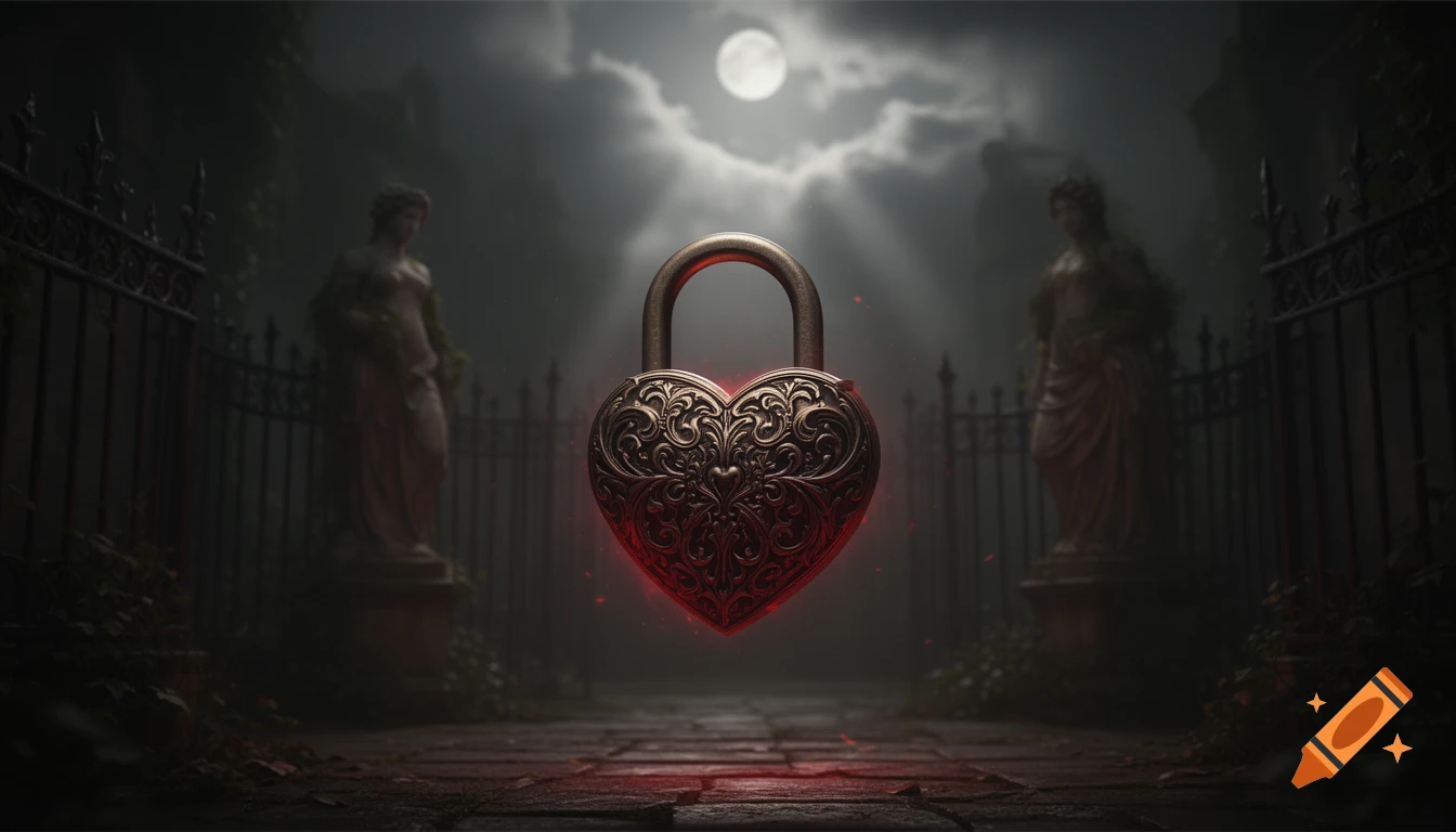 Ornate heart-shaped padlock with red glow floating in a dark, misty gothic courtyard with statues and fences under a full moon.