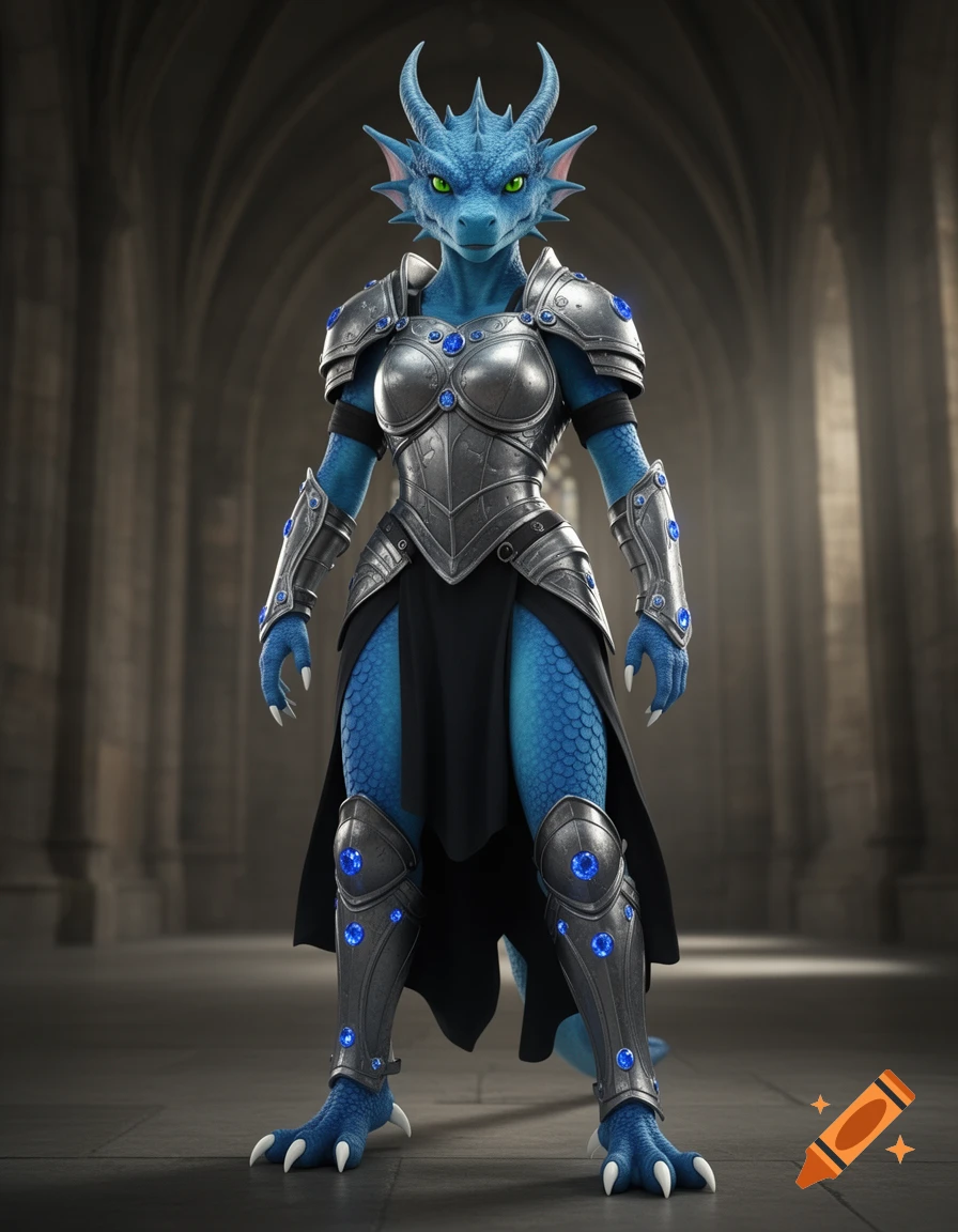 A blue anthropomorphic dragon in silver armor with sapphire gems and a black skirt stands in a gothic hall. It has green eyes and white claws.