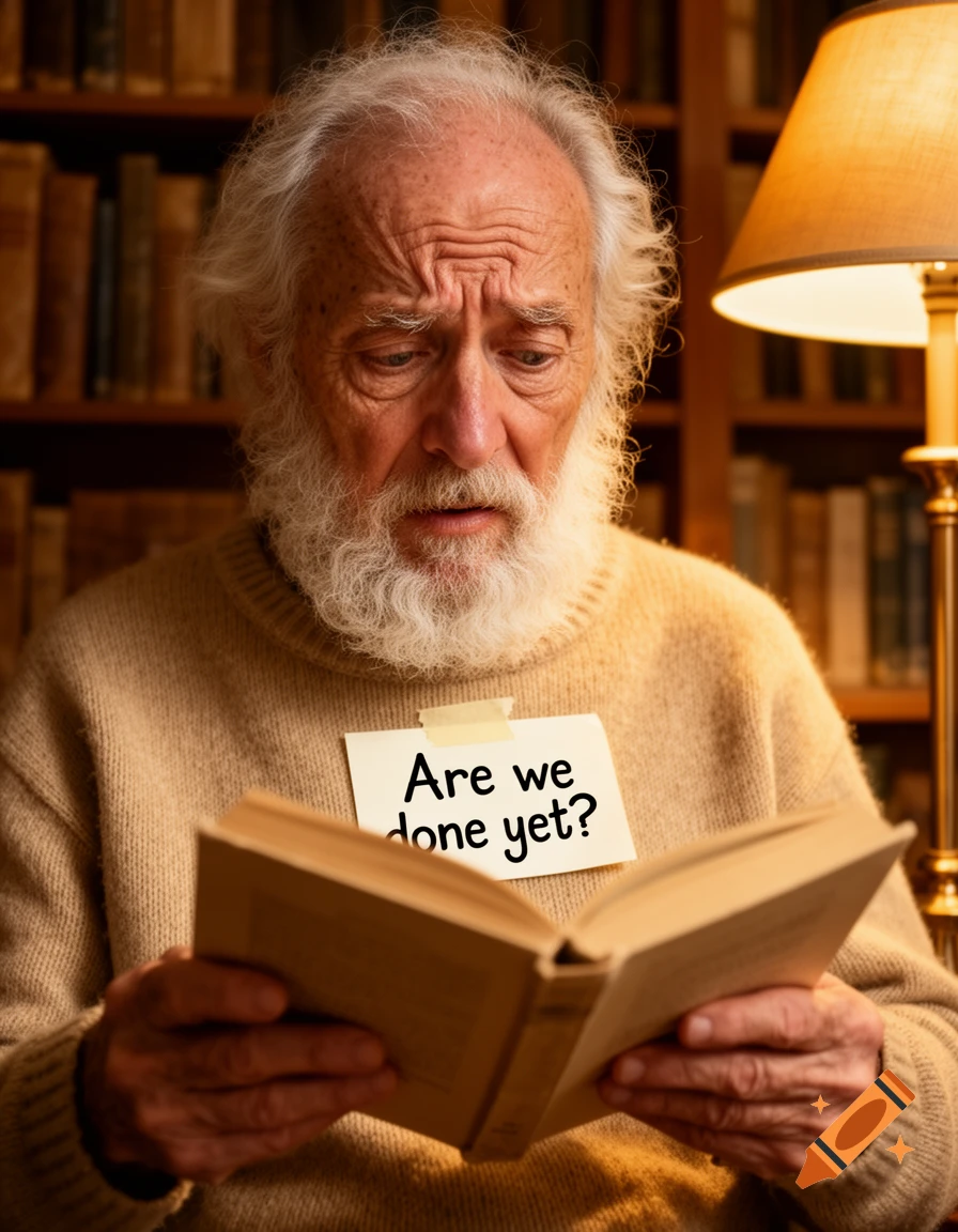 An elderly man with a white beard reads a book, a note on his chest reads "Are we done yet?" in a library setting.