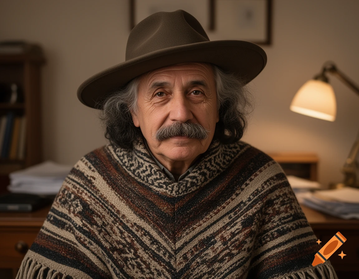 Photorealistic portrait of Albert Einstein as an Argentine gaucho, wearing a brown hat and patterned poncho, sitting in a home office.