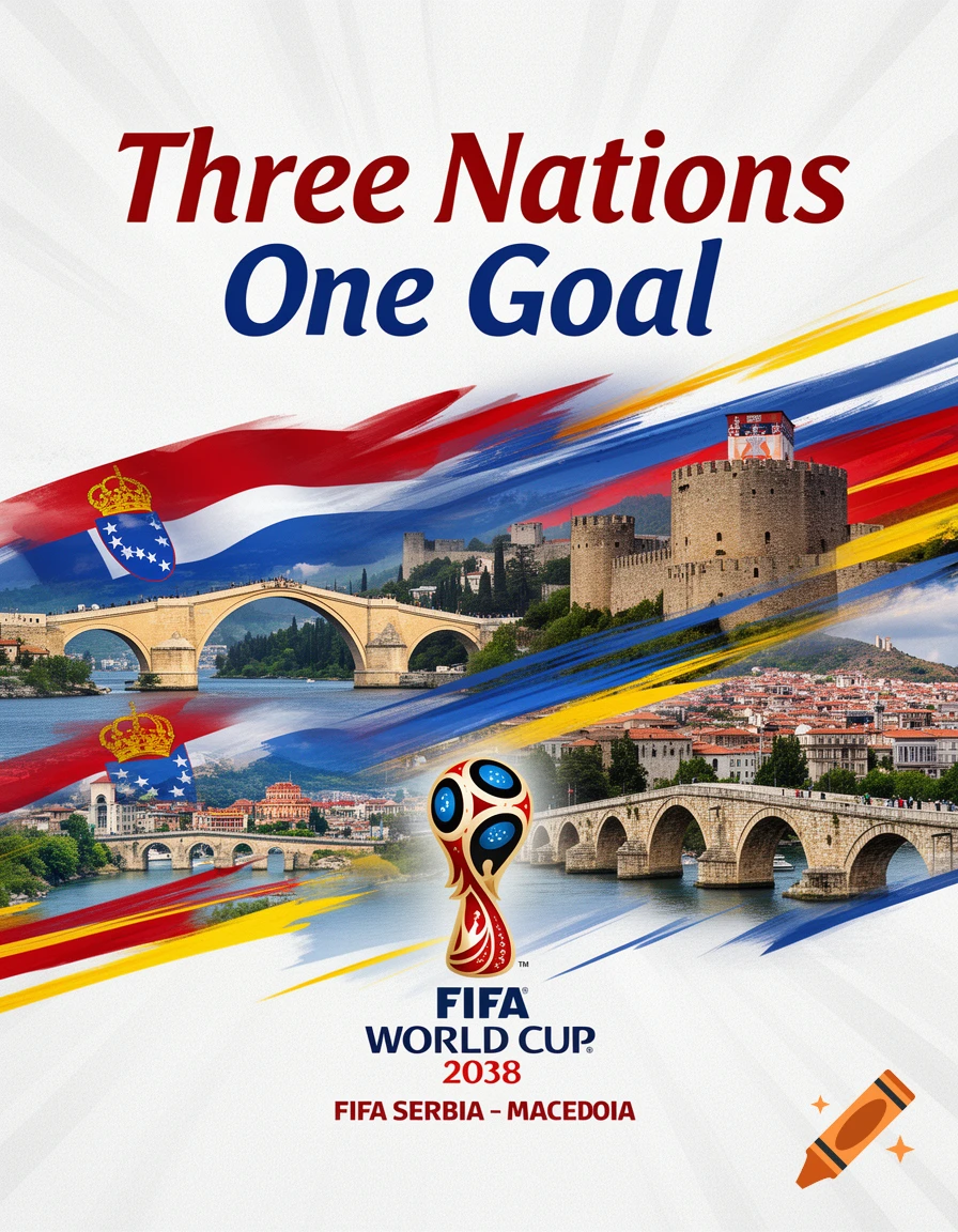 A FIFA World Cup 2038 poster featuring the slogan 'Three Nations One Goal' above a collage of European landscapes, rivers, bridges, and castles, with red, blue, and yellow brushstrokes.