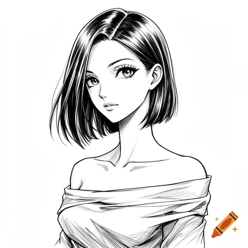 Black and white anime illustration of a girl with short dark hair and an off-shoulder top looking forward.