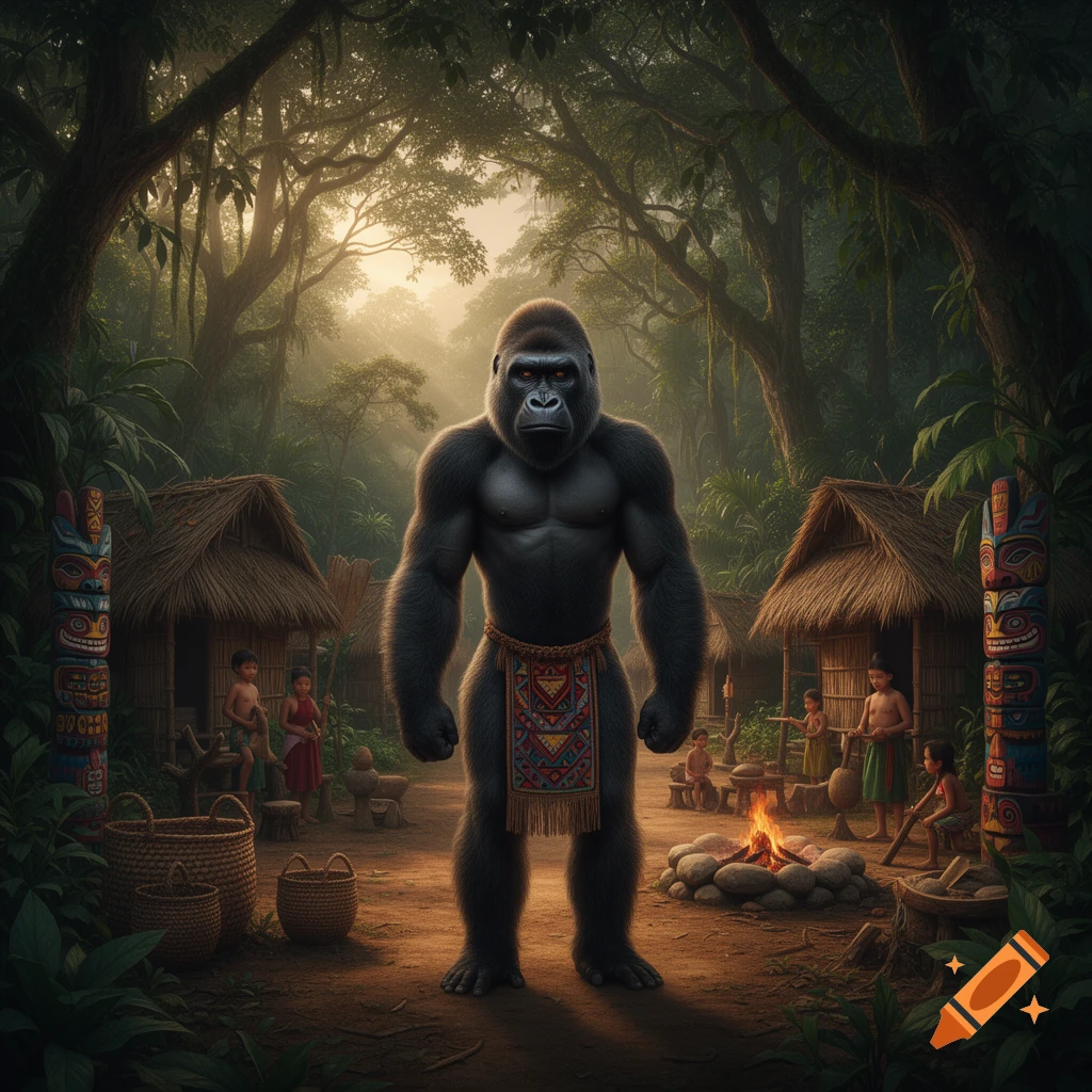 A muscular, dark-furred gorilla stands in the center of a tribal jungle village, with huts, totem poles, and children in the background, under a misty green canopy.