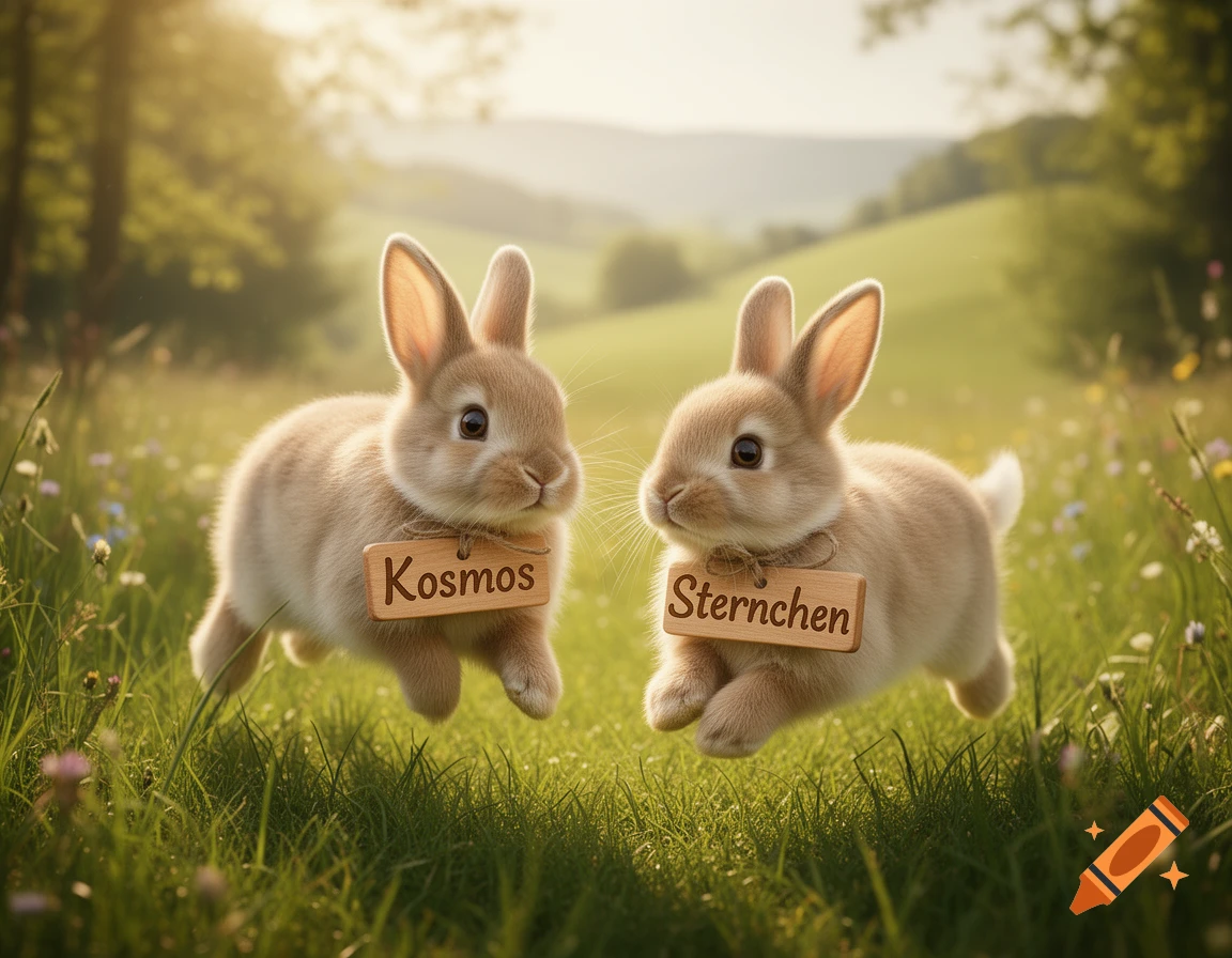Two cute brown bunnies, "Kosmos" and "Sternchen," hop in a sunny green meadow.