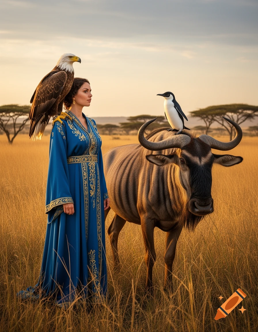 A woman in a blue and gold dress stands in a savanna with an eagle on her shoulder and a penguin on a wildebeest.