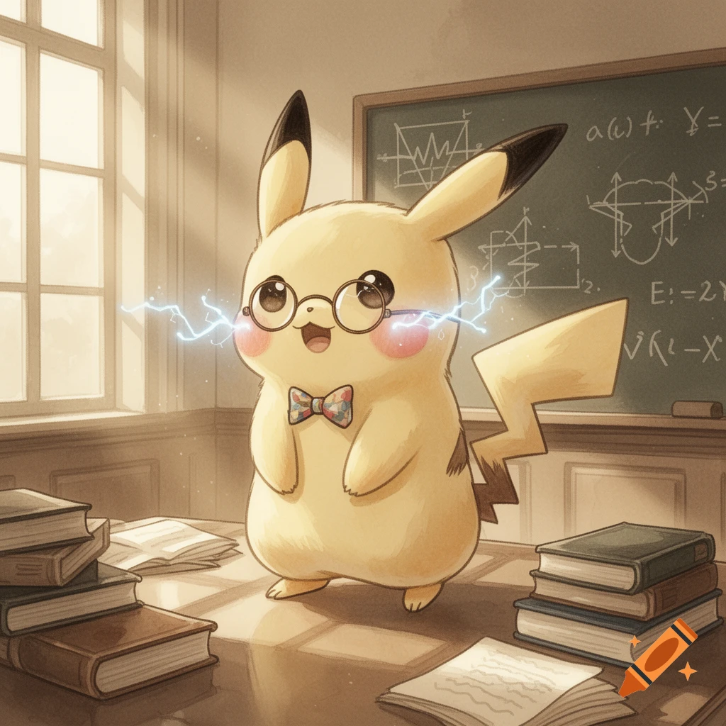 A cute, cartoon Pikachu wearing glasses and a bow tie, standing on a desk with books in a classroom, with electricity sparking from its cheeks.