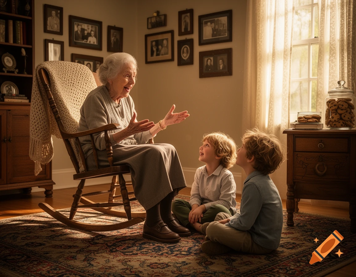 A smiling old woman in a rocking chair tells a story to two young boys sitting on a rug in a sunlit living room.