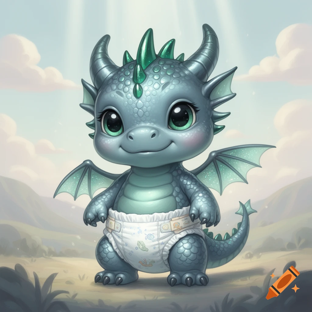 A cute, stylized baby dragon with shiny green scales and big eyes, wearing a white diaper, standing in a whimsical landscape.