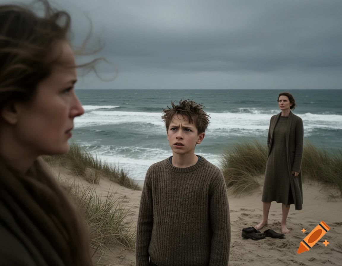 A young boy on a grey, windy beach with a woman in the foreground and another woman by the stormy sea. Photorealistic.