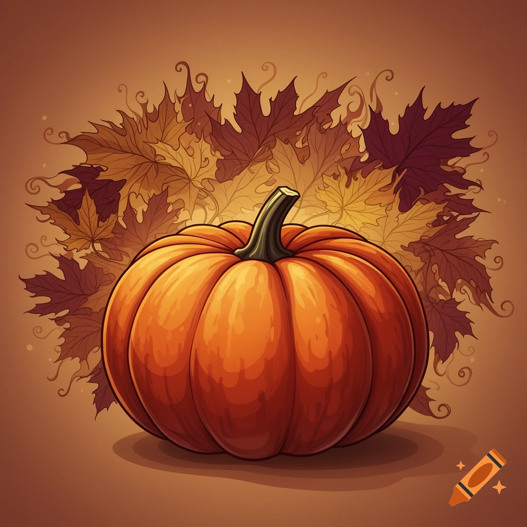 Stylized illustration of an orange pumpkin against a background of brown and yellow autumn leaves.