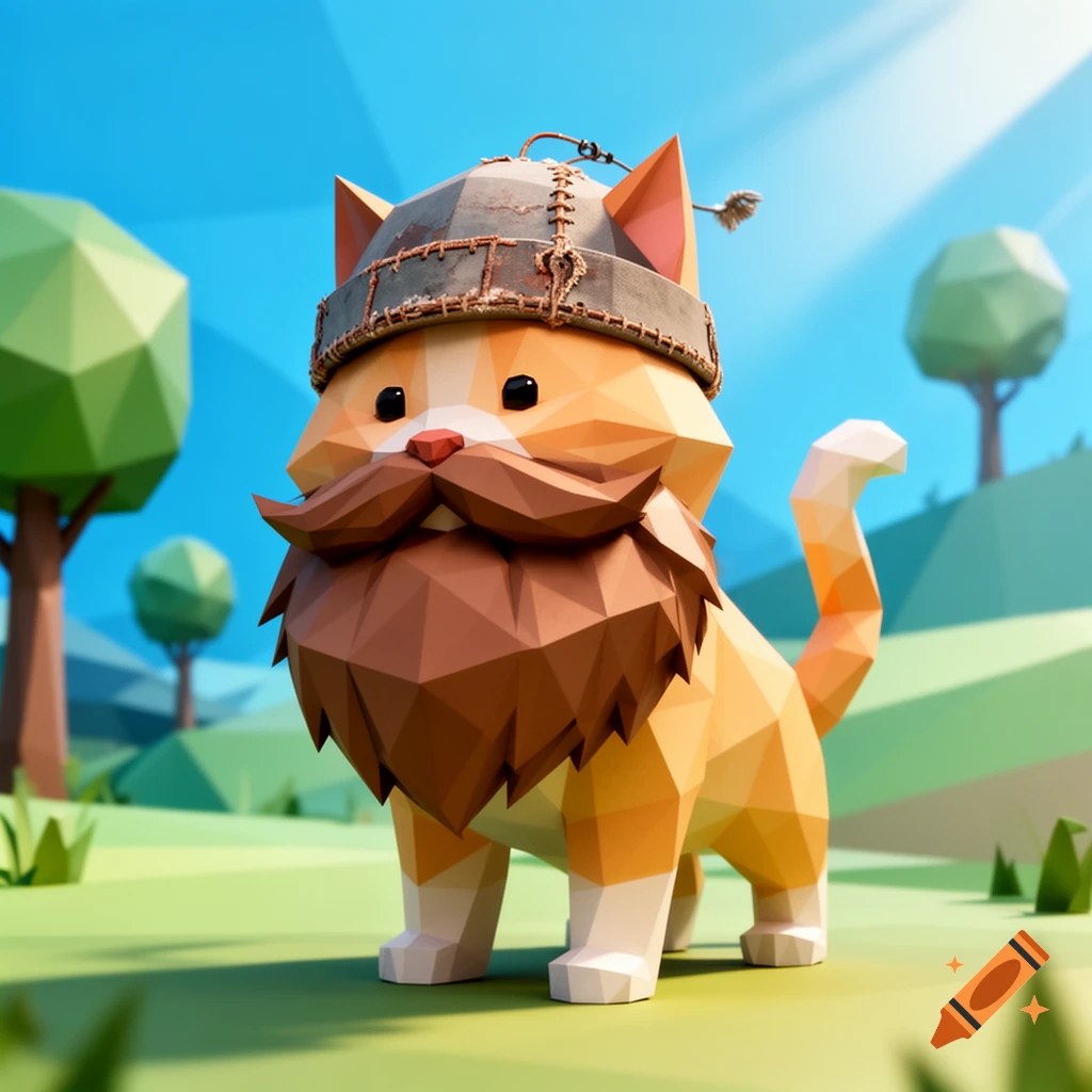 A cartoonish low-poly orange and white cat with a brown beard and a fishing beanie stands in a grassy field with geometric trees under a blue sky.