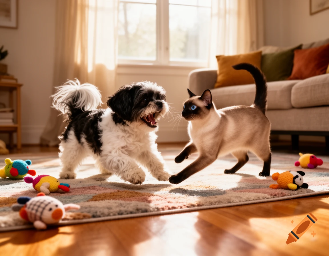 A photorealistic image of a playful black and white dog and a Siamese cat interacting on a colorful rug indoors.