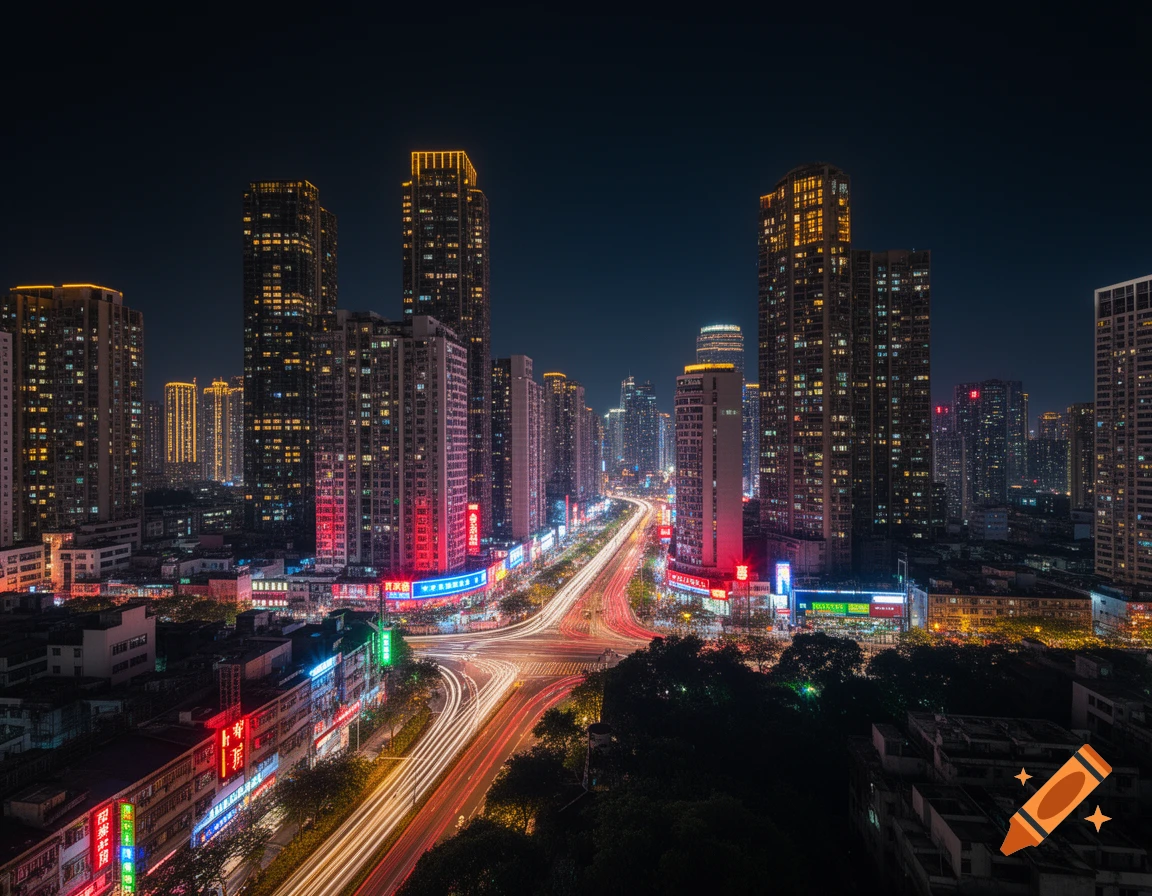 A vibrant panoramic night view of a modern city with towering skyscrapers, brightly lit buildings, and long exposure light trails from vehicles on the roads.