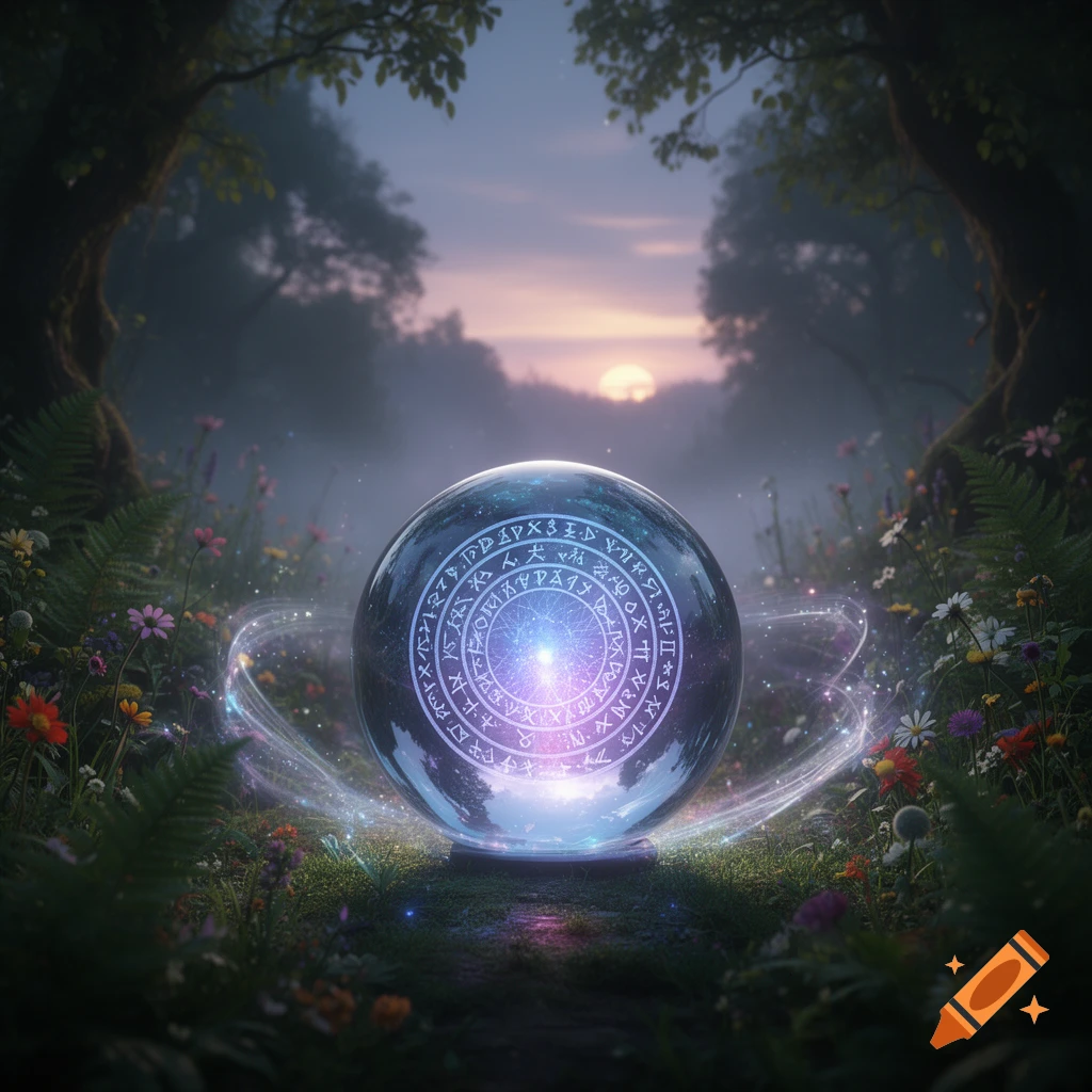 A glowing crystal orb with mystical runes sits on a mossy forest floor amidst wildflowers at sunrise, with light trails spiraling around it.