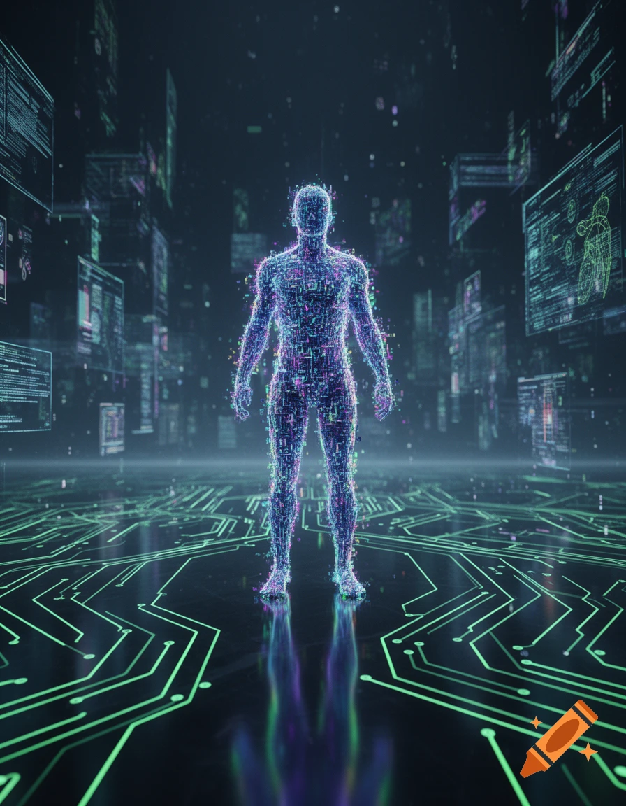 A glowing digital human figure made of particles stands on a circuit board floor in a dark futuristic environment with floating code screens.