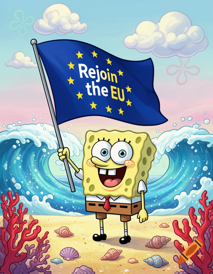 SpongeBob SquarePants on a beach, holding a blue flag with yellow stars and 'Rejoin the EU' text, in a cartoon style.