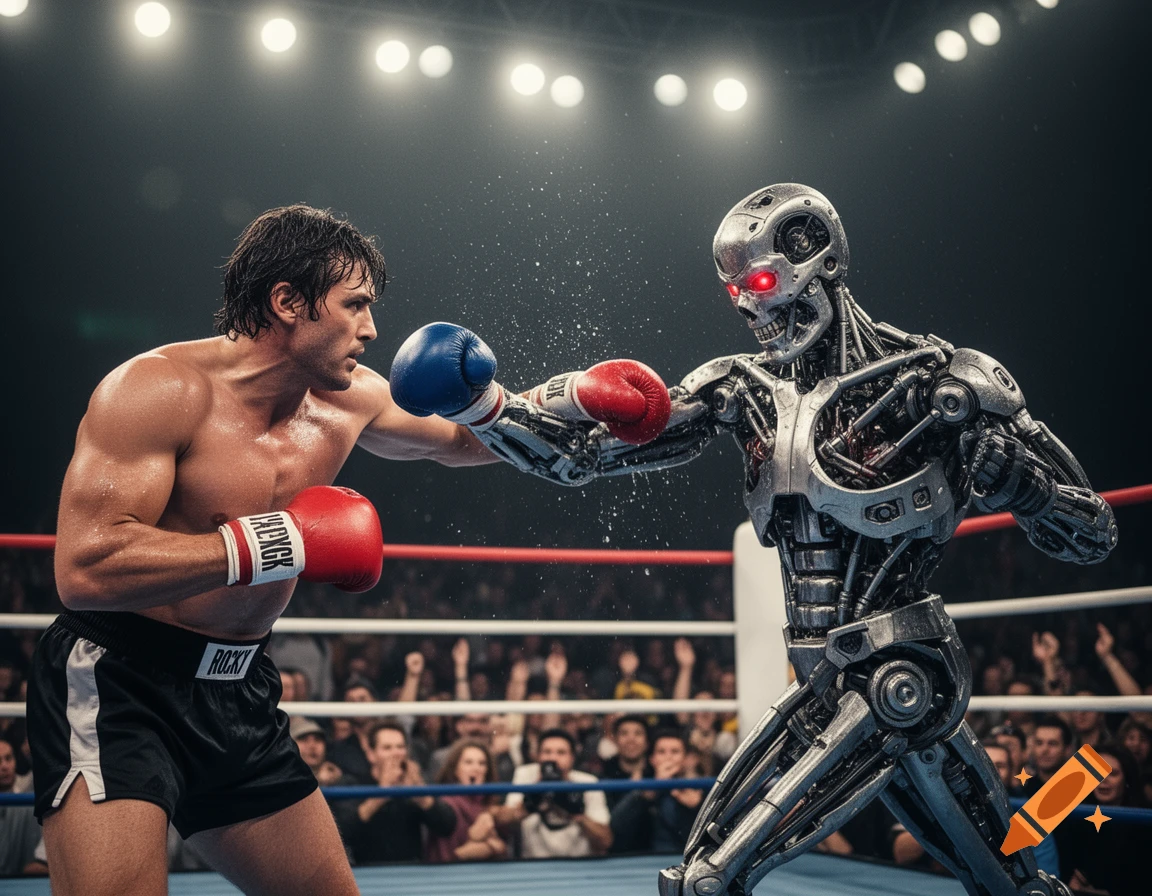 Photorealistic image of a muscular human boxer in black shorts punching a metallic robot resembling the Terminator in a boxing ring, with a cheering audience in the background.