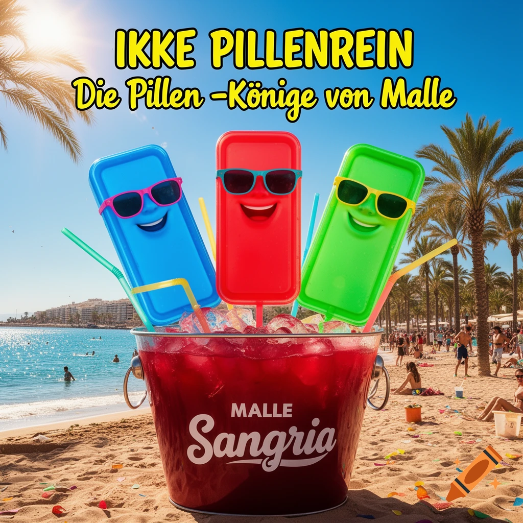 A vibrant CD cover shows a Malle Sangria bucket with three smiling, colorful cartoon pills on a sunny beach. Text reads "IKKE PILLENREIN Die Pillen -Könige von Malle" and "MALLE Sangria".