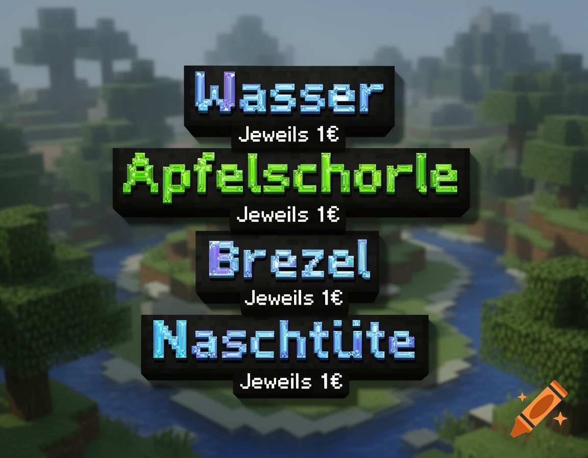 Four blocky menu banners listing "Wasser", "Apfelschorle", "Brezel", "Naschtüte", each costing "Jeweils 1€", set against a blurred Minecraft-style landscape.