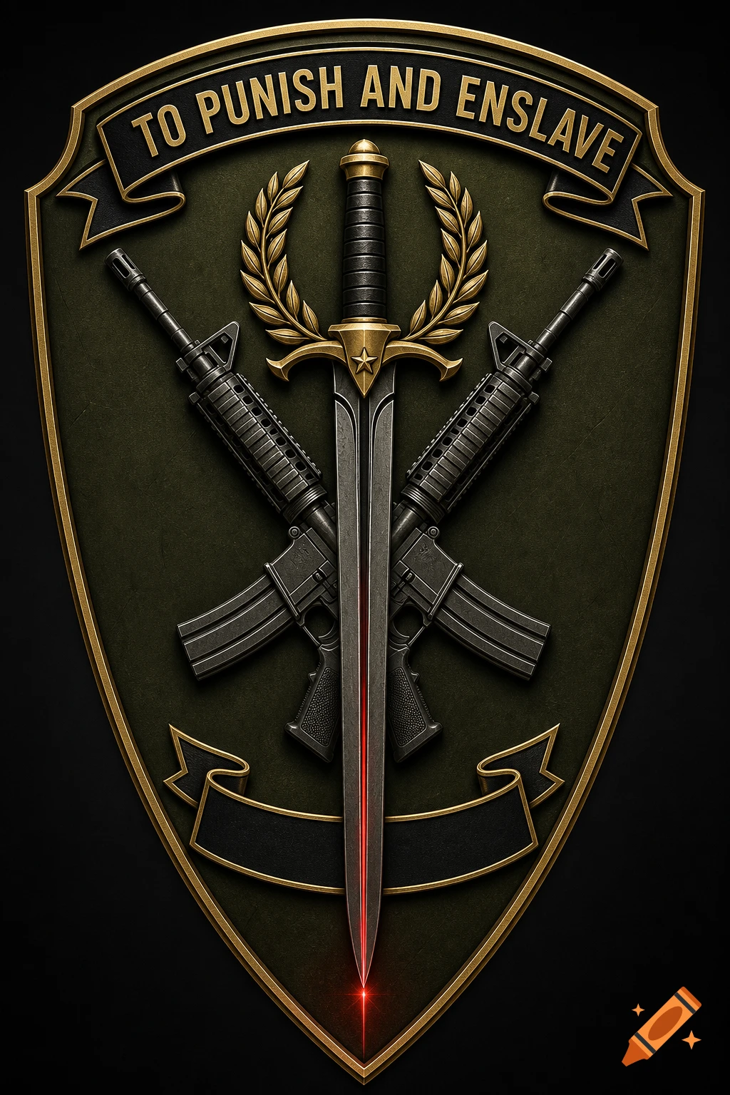A detailed military emblem shield with gold trim, a central sword, crossed rifles, and the text "TO PUNISH AND ENSLAVE" on a banner.