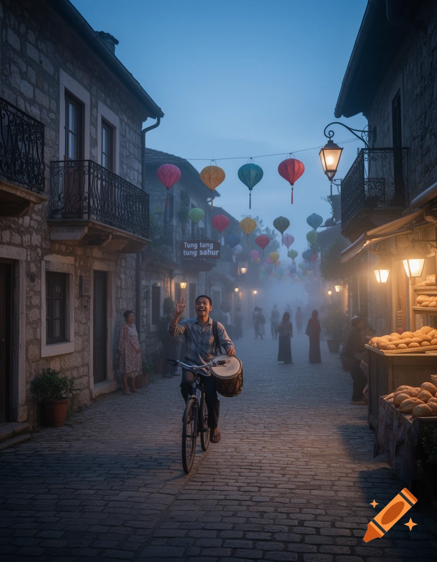 A man on a bicycle waves, holding a drum, on a cobblestone street lined with stone buildings and colorful lanterns in a misty dawn.