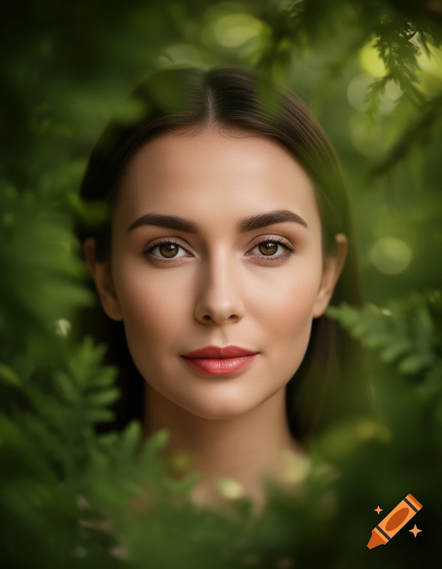 Photorealistic portrait of a young woman's face framed by blurred green leaves.