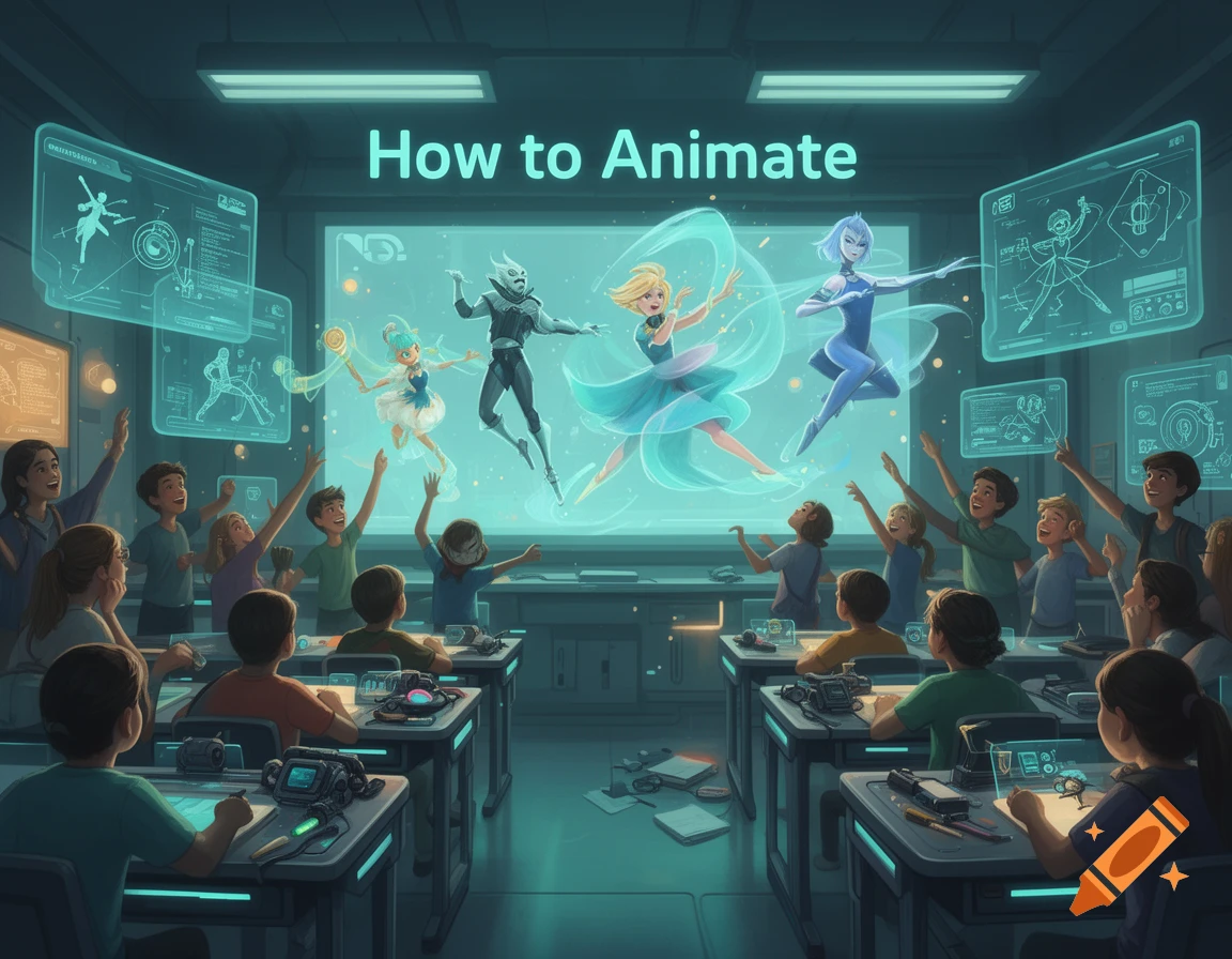 Students in a futuristic classroom watch animated characters on a large screen titled 'How to Animate', surrounded by holographic diagrams.