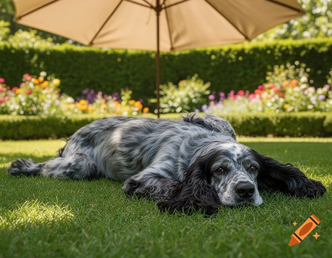 A blue roan cocker spaniel relaxes on a lush green lawn, shaded by a parasol in a vibrant garden.