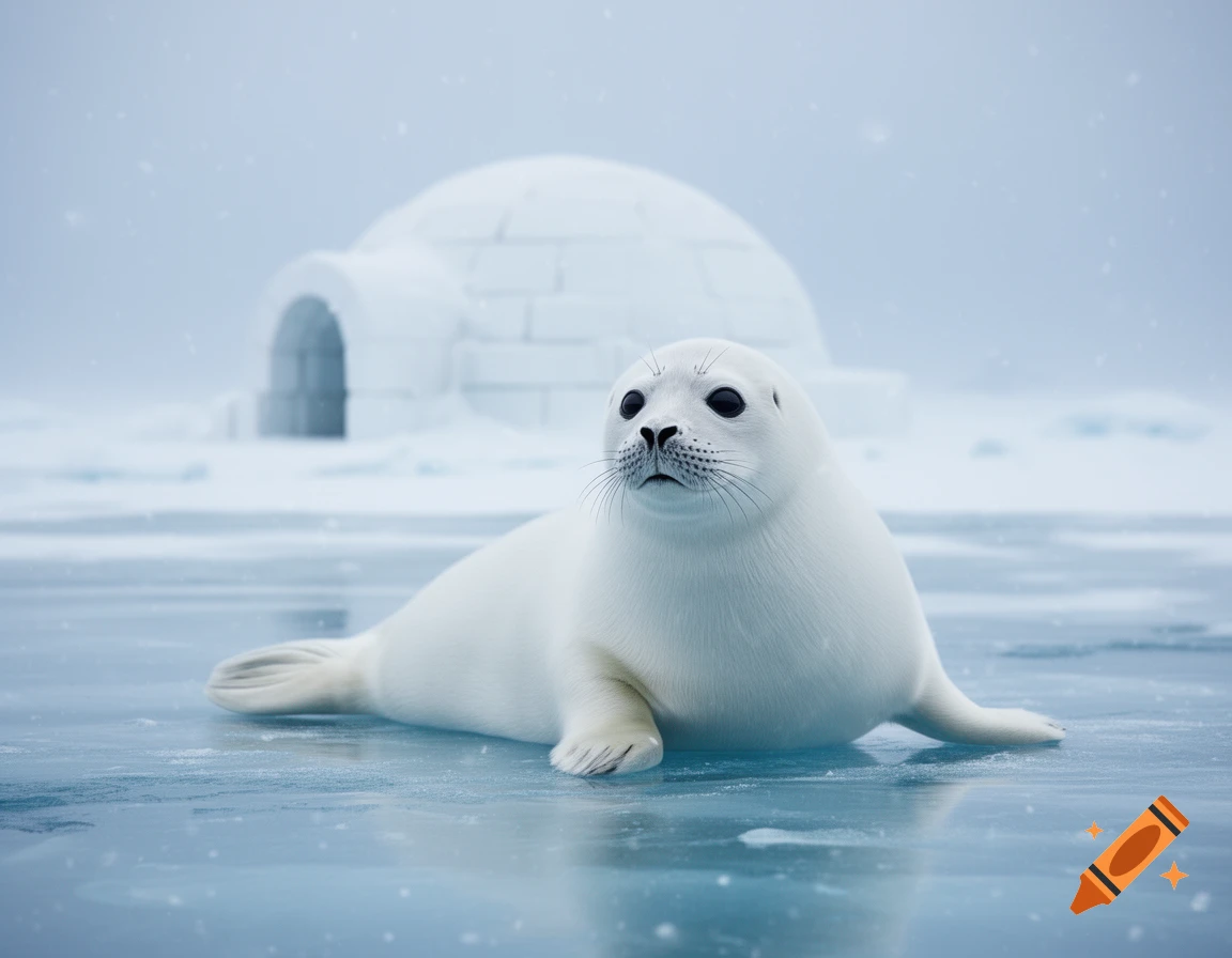 A white baby seal lies on blue ice with an igloo in the snowy background, photorealistic.