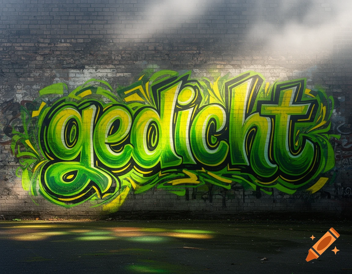 Green and yellow graffiti spelling "gedicht" on a brick wall, illuminated by sunlight.