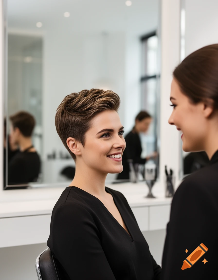 A woman with a short, stylish haircut smiles at another woman in a bright, modern salon.