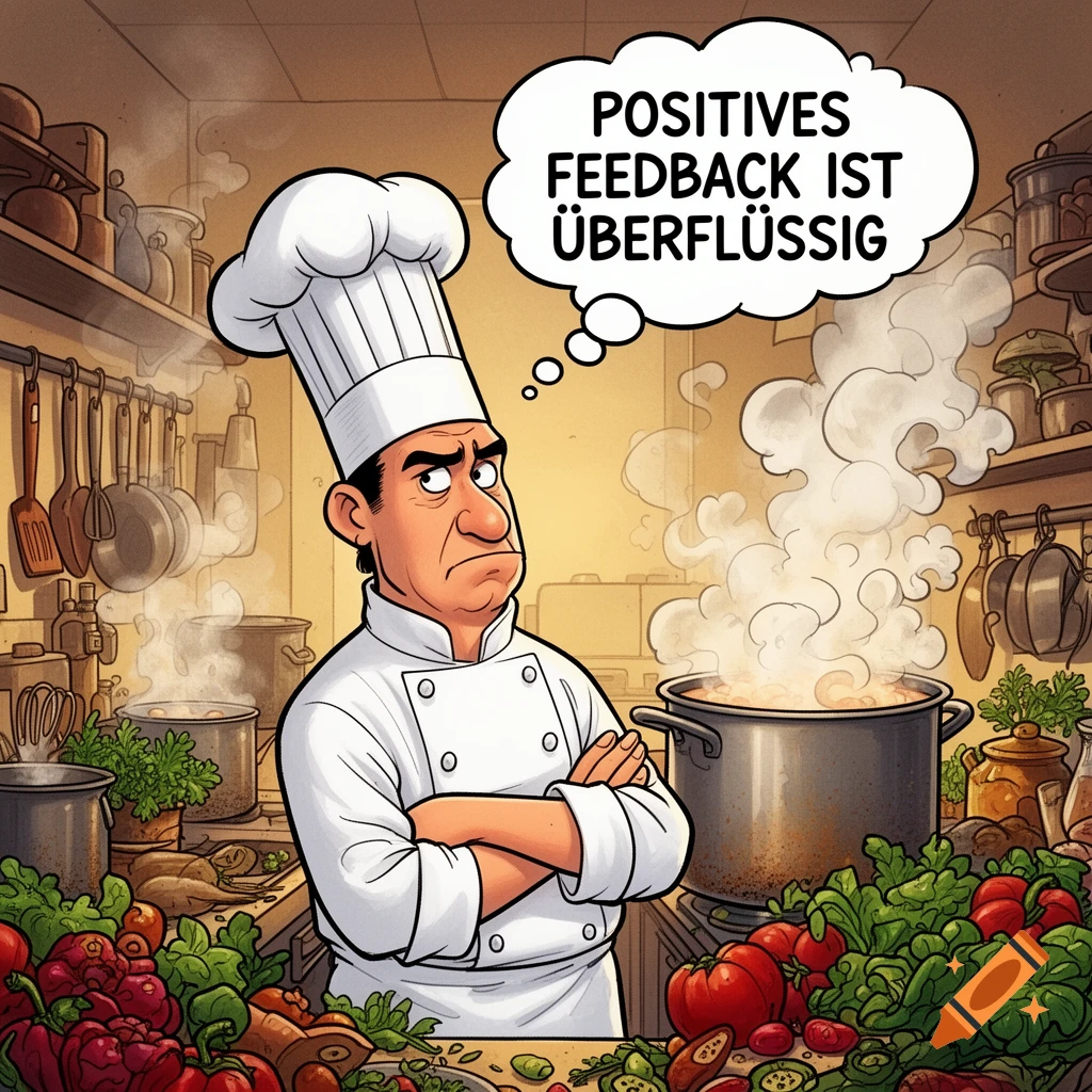 A grumpy cartoon chef in a busy kitchen full of vegetables thinks 'Positive feedback is superfluous'.