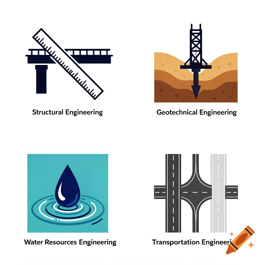 Four icons representing civil engineering subdisciplines: structural, geotechnical, water resources, and transportation engineering.
