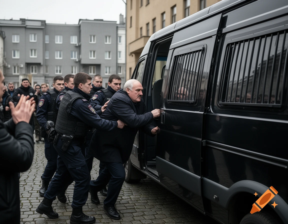 Several police officers push an older man in a black suit into a black police van on a cobblestone street.