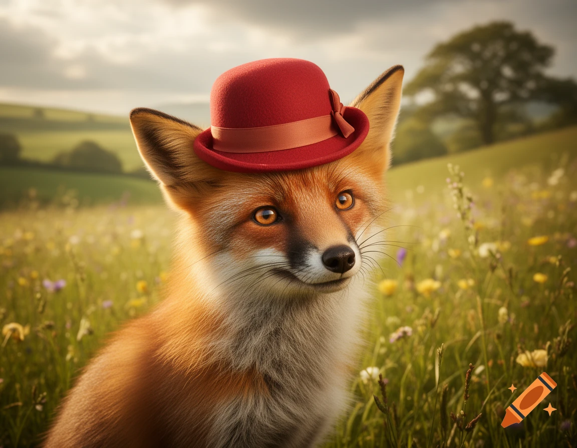 A cute, photorealistic fox wearing a red bowler hat sits in a sunny field filled with green grass and wildflowers.