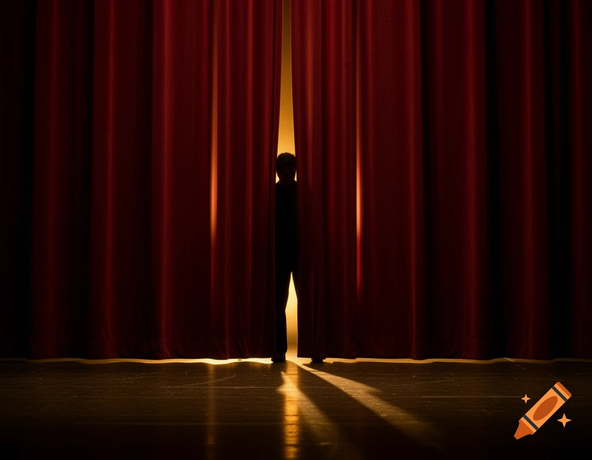 A silhouetted person stands behind partially opened red theater curtains on a spotlight-lit stage.